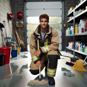 Cleaning Operations Firefighter kneeling with a mop in a cleaning storeroom