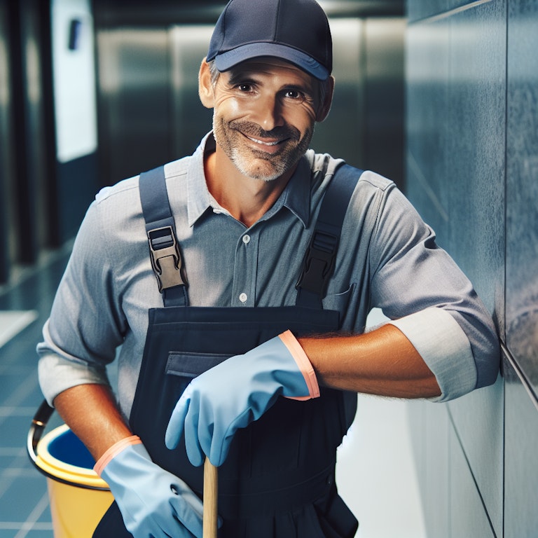 Kindly man smiling with cleaning equipment